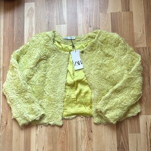 Zara Yellow Textured Floral Cropped Blazer